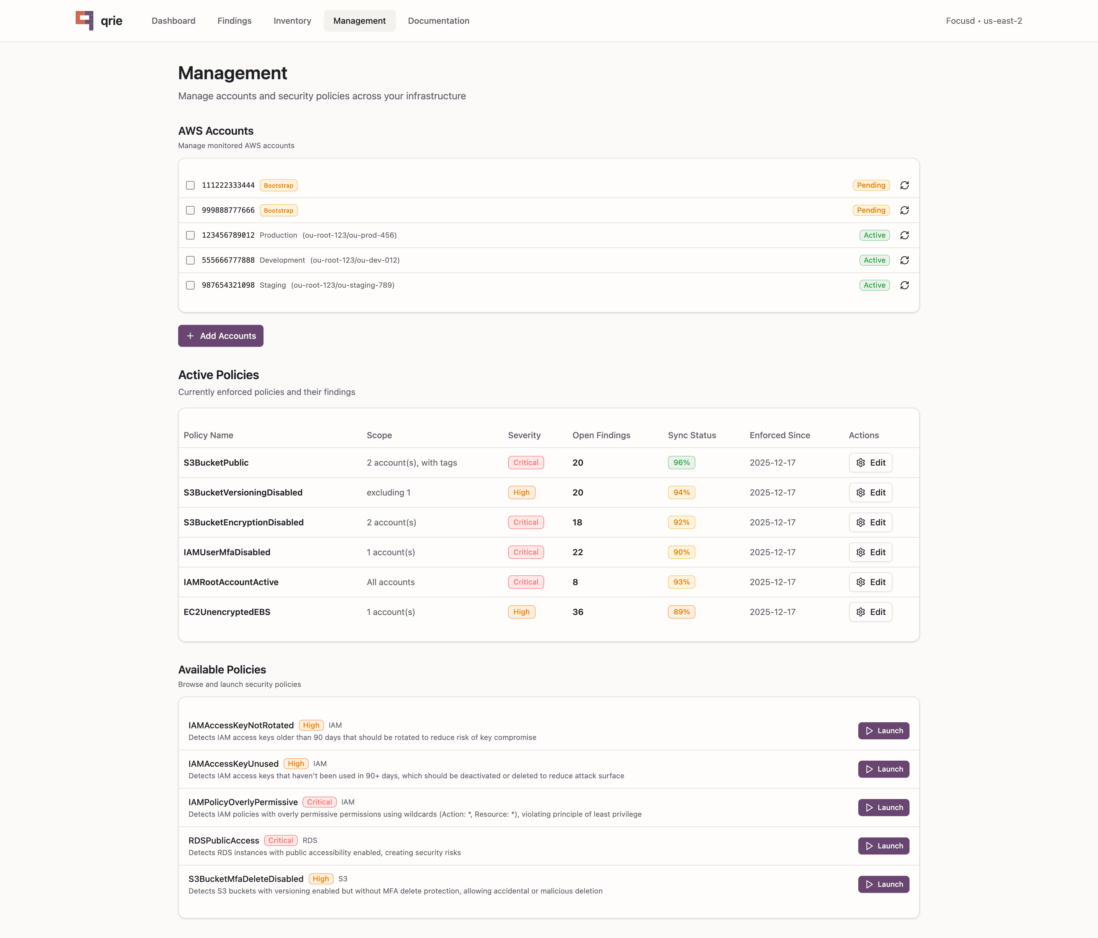 qrie management view showing active policies and accounts